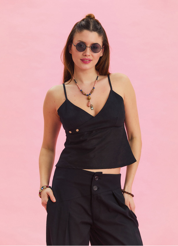 V Neck Thin Straps Black Summer Blouse 4438